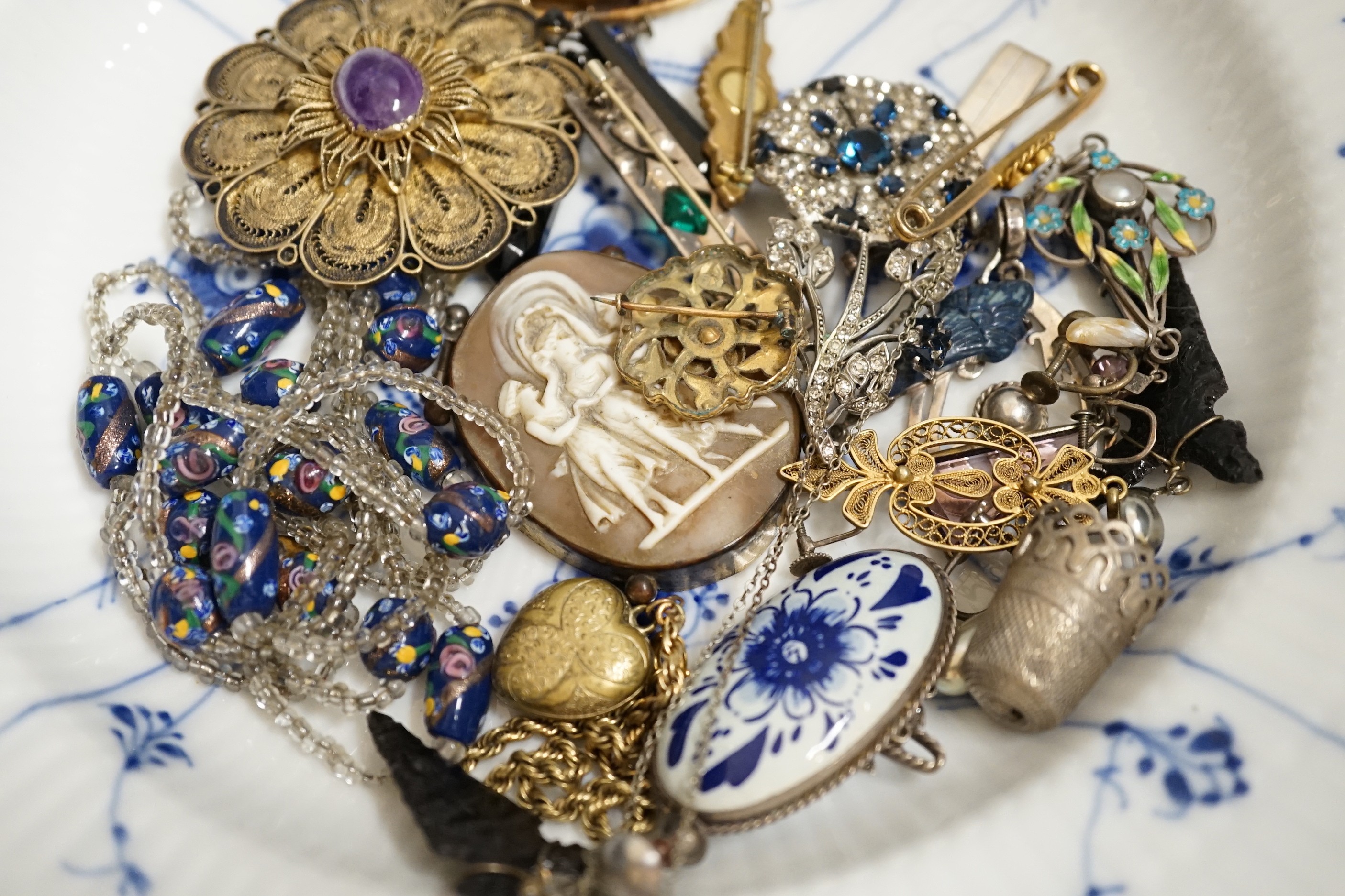 Two early 20th century yellow metal bar brooches, an Art Nouveau style enamelled sterling pendant, a chipped Royal Copenhagen bowl, etc.